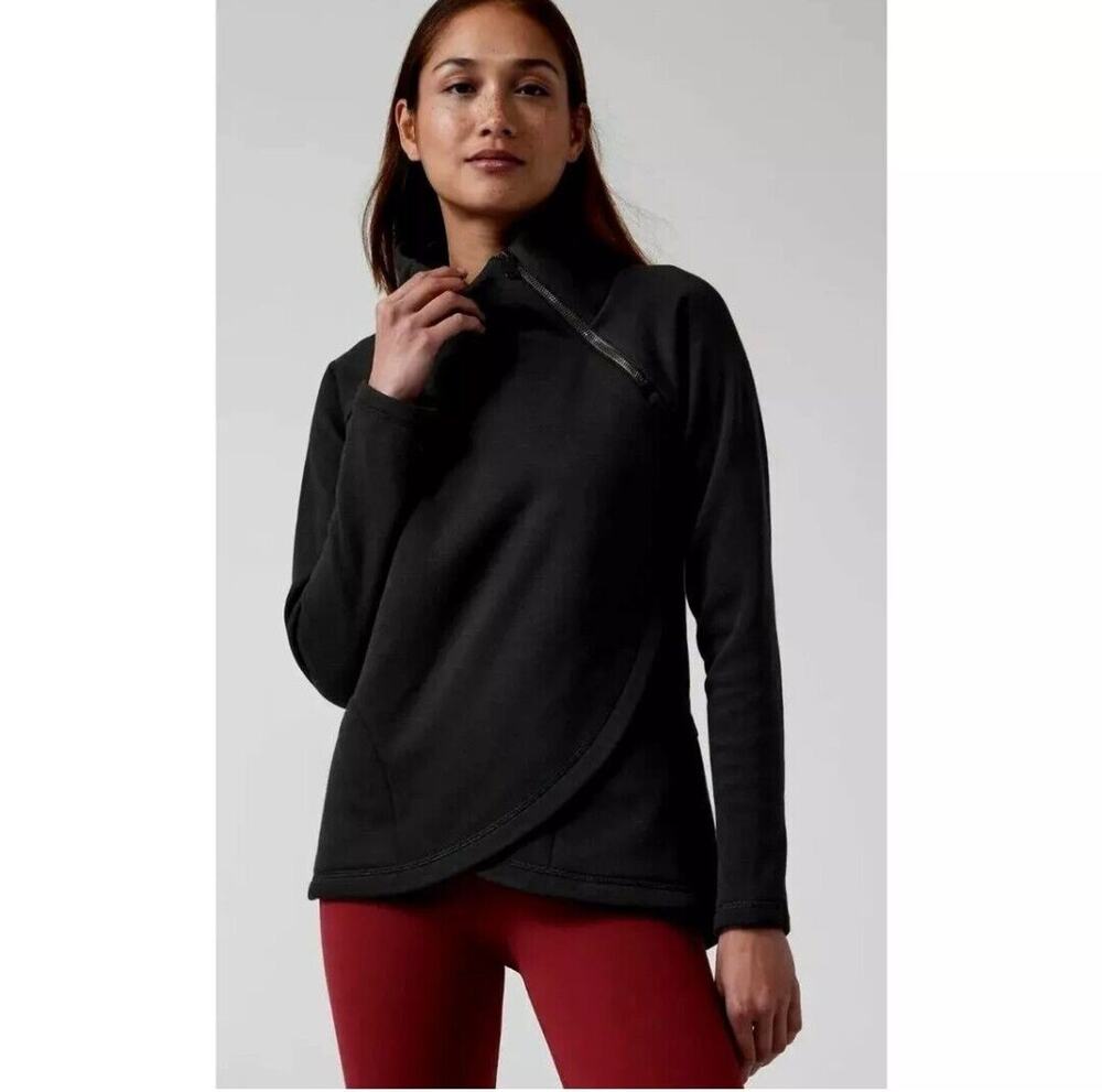 Athleta Cozy Karma Asym Pullover Sweatshirt Women's Black Fleece Lined Sz Medium